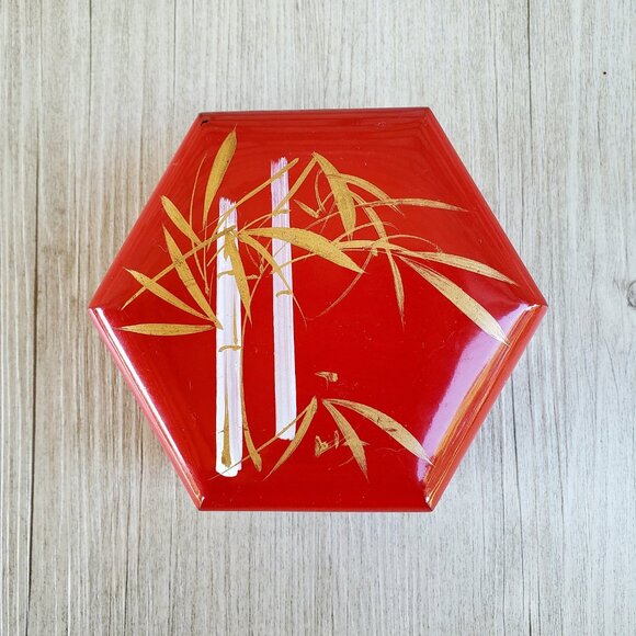 Interpur Trinket Boxes w Hand-Painted Bamboo Red Hexagonal Nesting Set of 3 - Picture 6 of 10